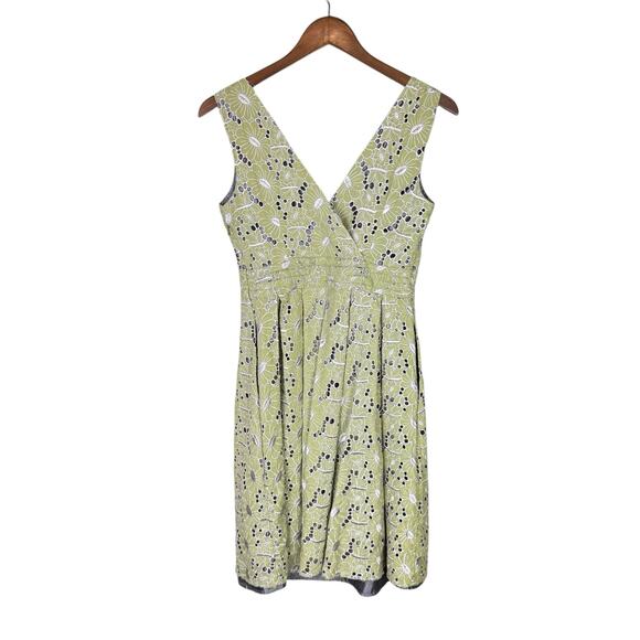 eShakti Sage Green Embroidered Eyelet Floral Fit & Flare Sleeveless Pleat Dress - Picture 10 of 13